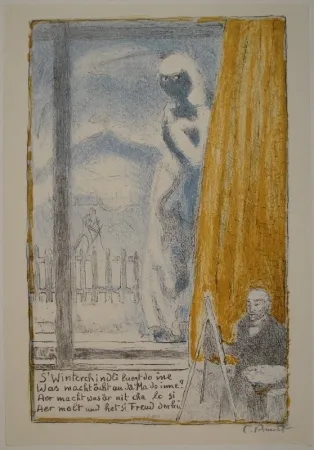 石版画 Amiet - Selbstbildnis vor der Staffelei (Winterbild)