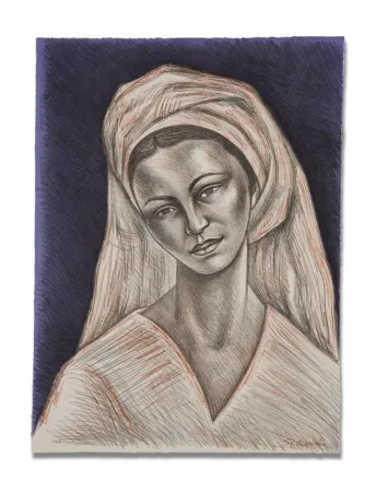 石版画 Anguiano - Mujer con rebozo blanco