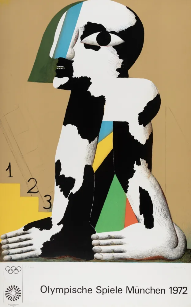 石版画 Antes - Schwarz-weiss-gefleckte Figur (Olympia), 1972 - Hand-signed