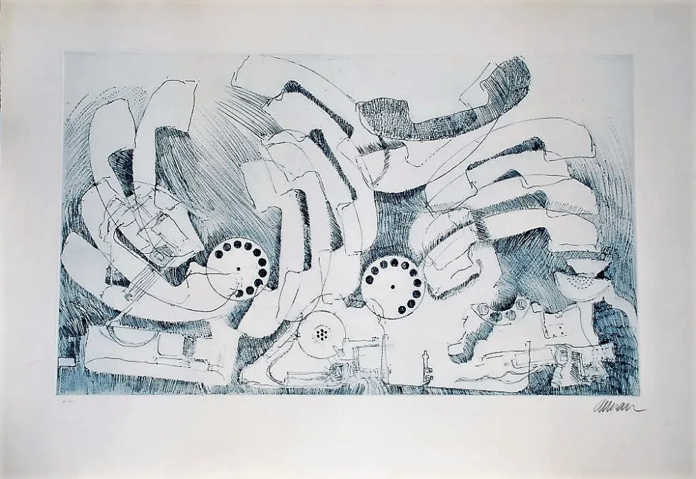 石版画 Arman - Les téléphones