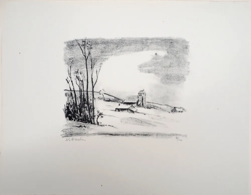 石版画 Asselin - Paysage : campagne parisienne enneigée