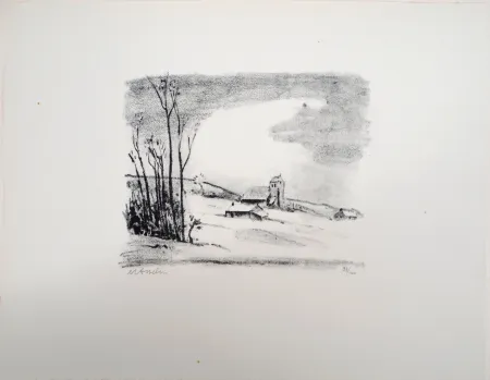 石版画 Asselin - Paysage : campagne parisienne enneigée
