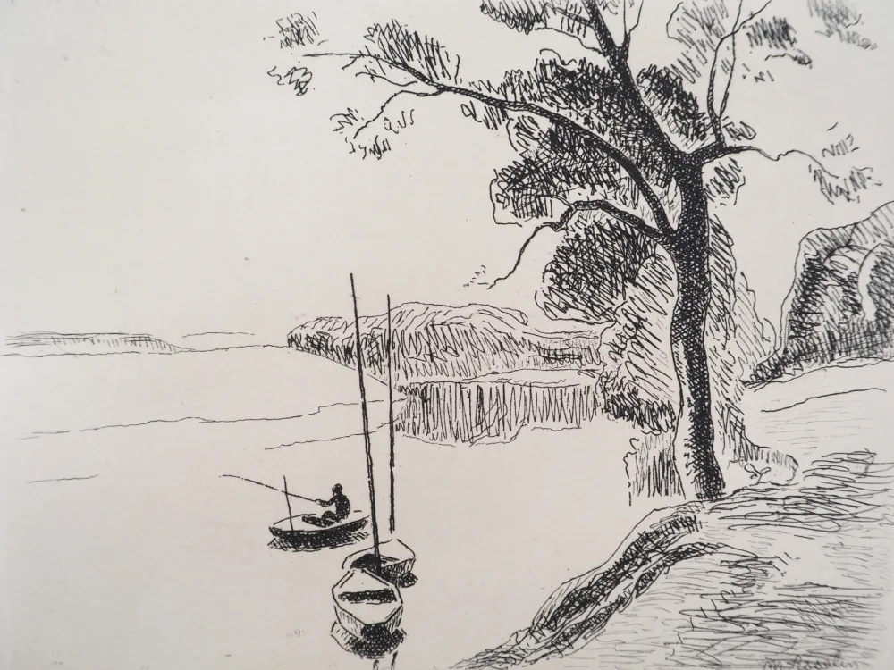 版画 Asselin - Paysage: la Seine au bois de Boulogne