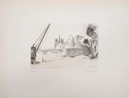 版画 Asselin - Paysage parisien : La Seine à Notre-Dame
