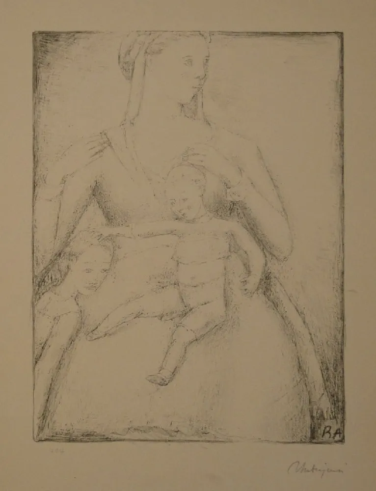 石版画 Auberjonois - Mutter mit Kindern / Femme et deux enfants