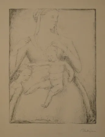 石版画 Auberjonois - Mutter mit Kindern / Femme et deux enfants