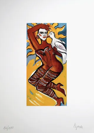 石版画 Bach - Femme à l'oiseau, 1995 - Hand-signed!