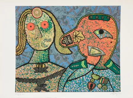 版画 Baj - Enrico baj (1924–2003) – Il Generale Amin Dada e una delle sue mogli-Mixed media