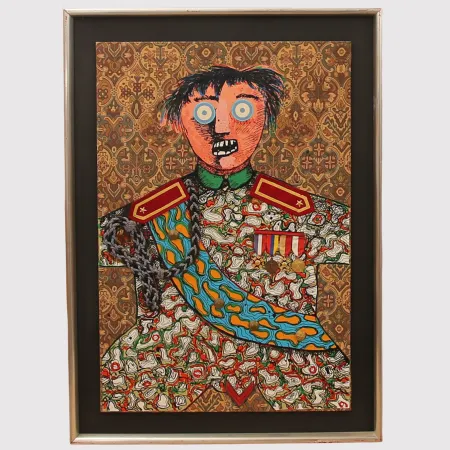 无技术 Baj - Enrico Baj ( 1924 – 2003 ) – Le stratége militaire Sahuguet d'Amarzit d'Espagnac – Mixed media with passamentrie and collage on brocade with originals medals and pins - 1971