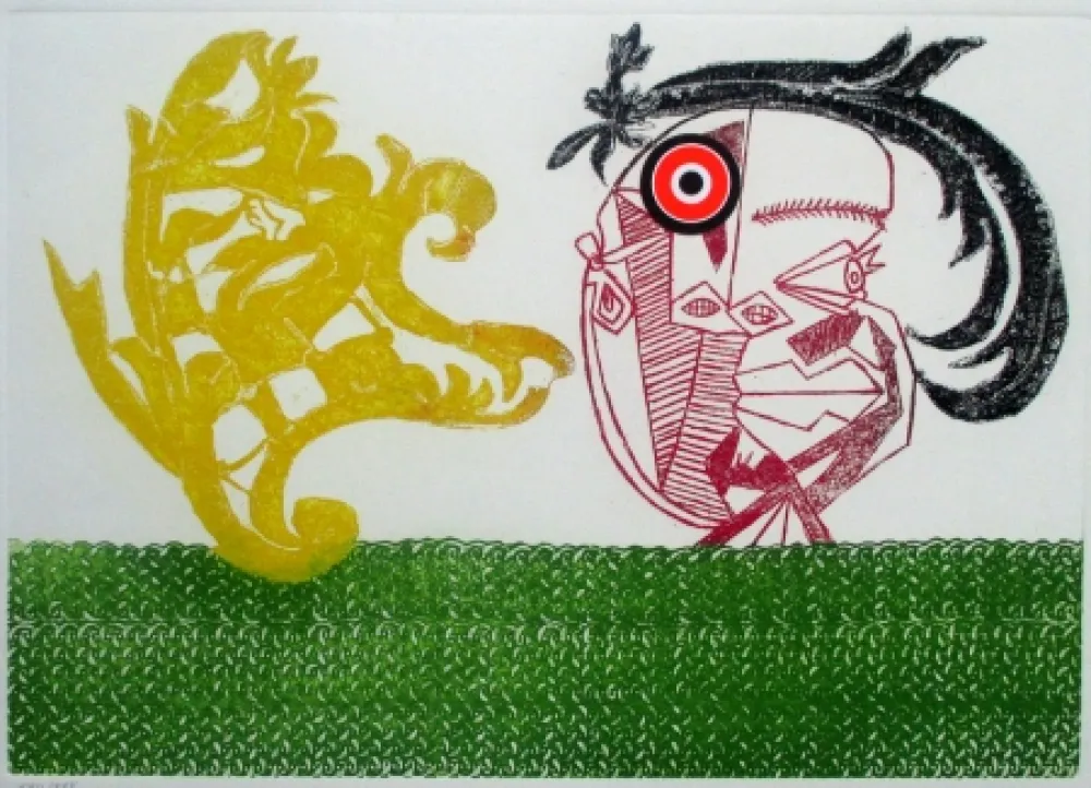 版画 Baj - Pecheur sur la plage