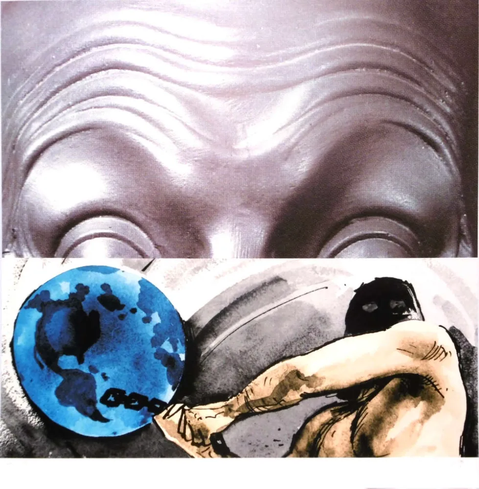 丝网印刷 Baldessari - Eyebrows furrowed foreheads figure with globe