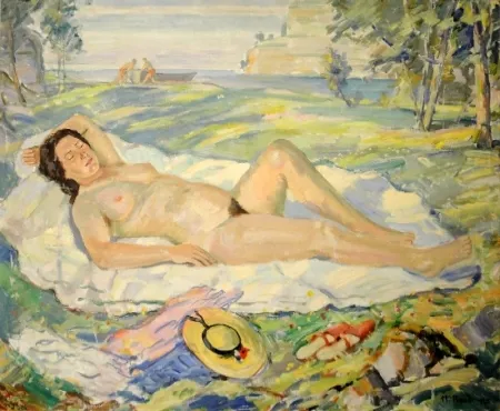 无技术 Bandi - (Liegender Akt in südlicher Landschaft)