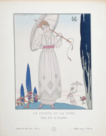 镂版印刷 Barbier - Le Cyprès et la Rose, Robe d'été de Doeuillet, 1914
