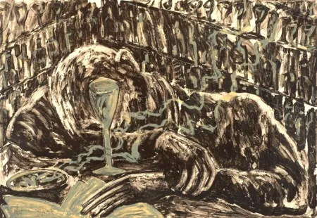 石版画 Barcelo - Jeune homme ivre dans un bar.