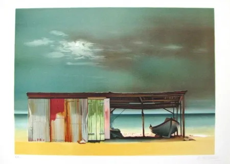 石版画 Battut - Baraque sur la plage