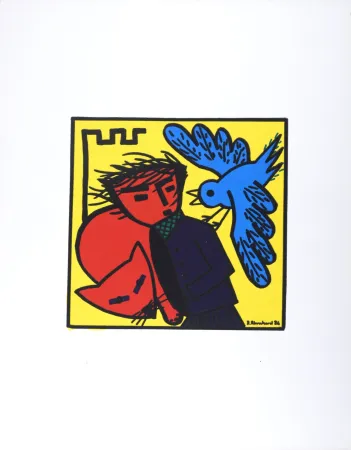 石版画 Blanchard - Oiseau, personnage et chat