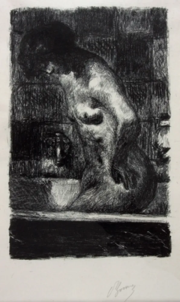 石版画 Bonnard - Femme Nue Debout dans sa Baignoire