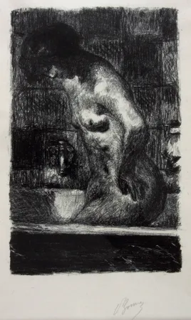 石版画 Bonnard - Femme Nue Debout dans sa Baignoire