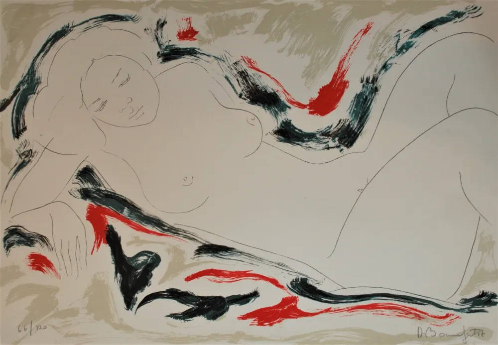 石版画 Bonnefoit - Nu allongé noir et rouge I