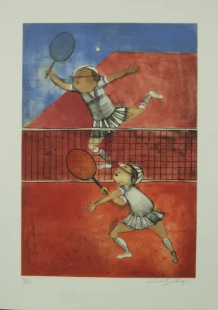 石版画 Boulanger - TWO GIRLS PLAYING TENNIS