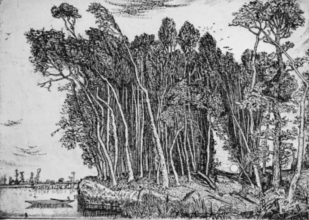 蚀刻版画 Bozzetti - Il bosco in riva al fiume: sera