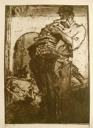 版画 Brangwyn - Man Carrying a Pile of Books