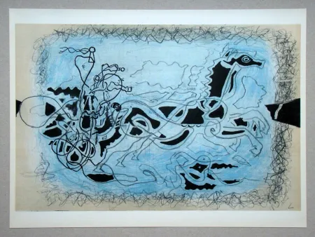 石版画 Braque (After) - Char noir sur fond bleu