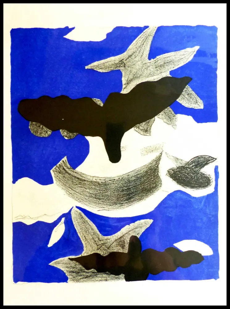 石版画 Braque (After) - LES OISEAUX FOND BLEU