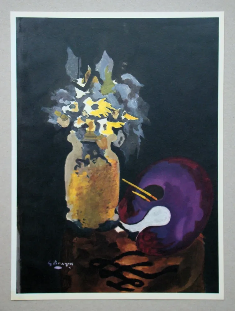 石版画 Braque (After) - Vase de fleurs jaune et palette