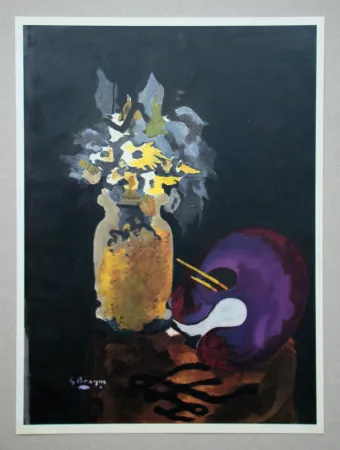 石版画 Braque (After) - Vase de fleurs jaune et palette