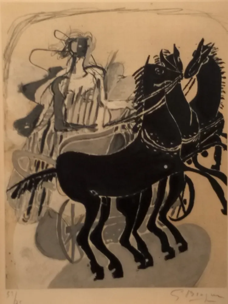 石版画 Braque - CHAR AUX CHEVAUX NOIR 