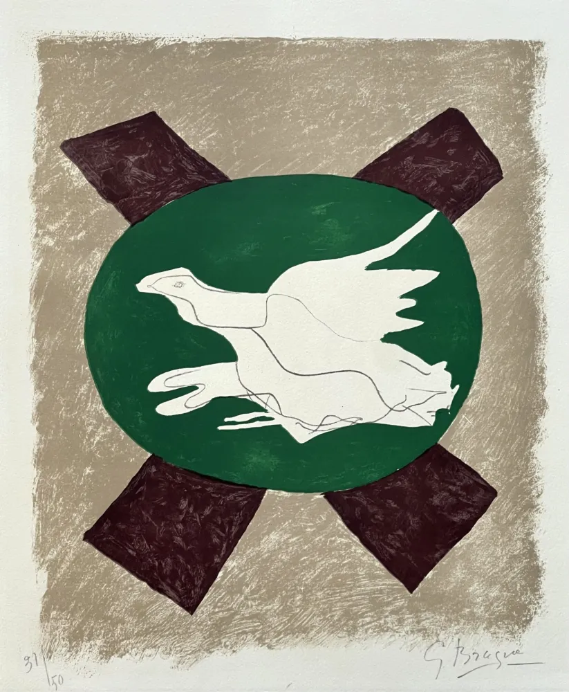 石版画 Braque - Colombe sur fond vert 