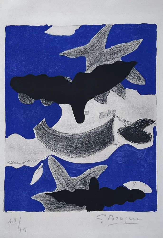 石版画 Braque - Deux oiseaux avec nuages 