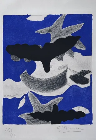 石版画 Braque - Deux oiseaux avec nuages 