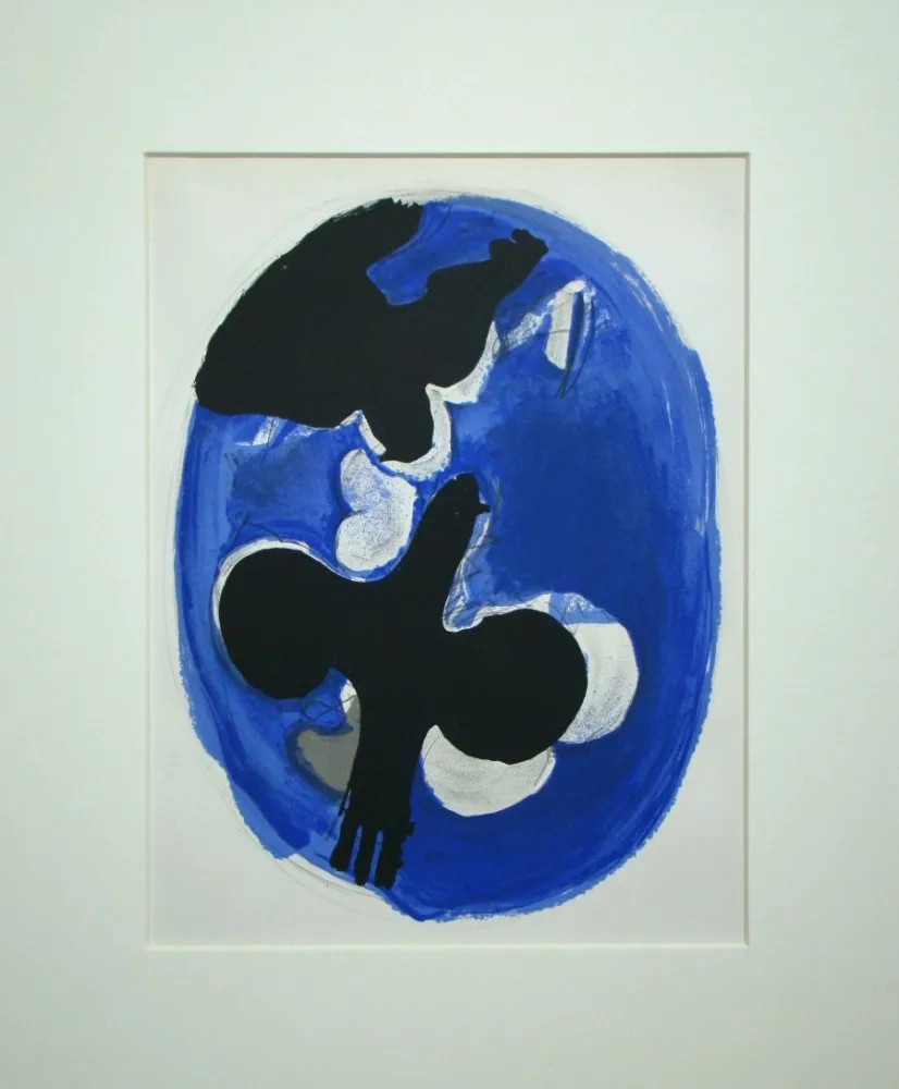 石版画 Braque - Deux oiseaux sur fond bleu