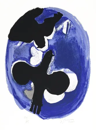 石版画 Braque - Deux oiseaux sur fond bleu (Two birds on a blue background)