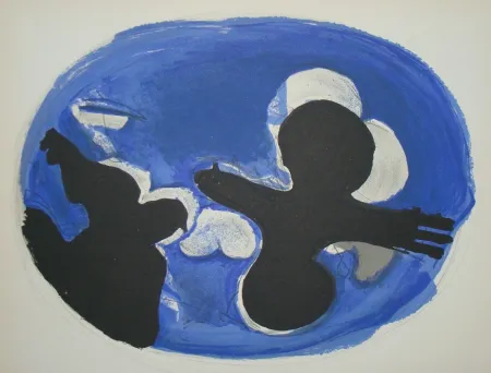 石版画 Braque - Deux Oiseaux Sur Fond Bleue
