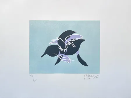 石版画 Braque - L'essor I (Le cygne sur fond bleu-vert) 