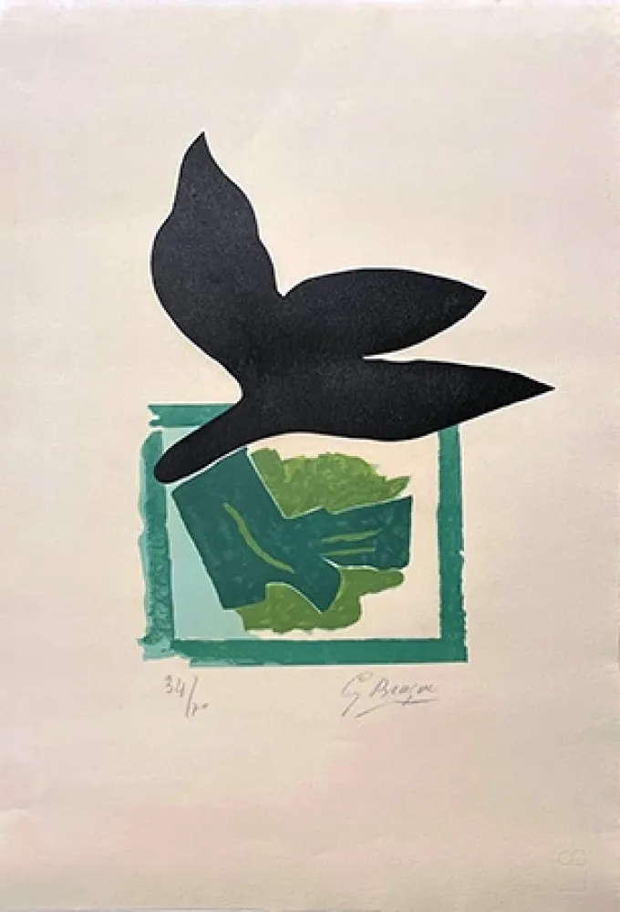 木刻 Braque - Oiseau noir sur fond vert