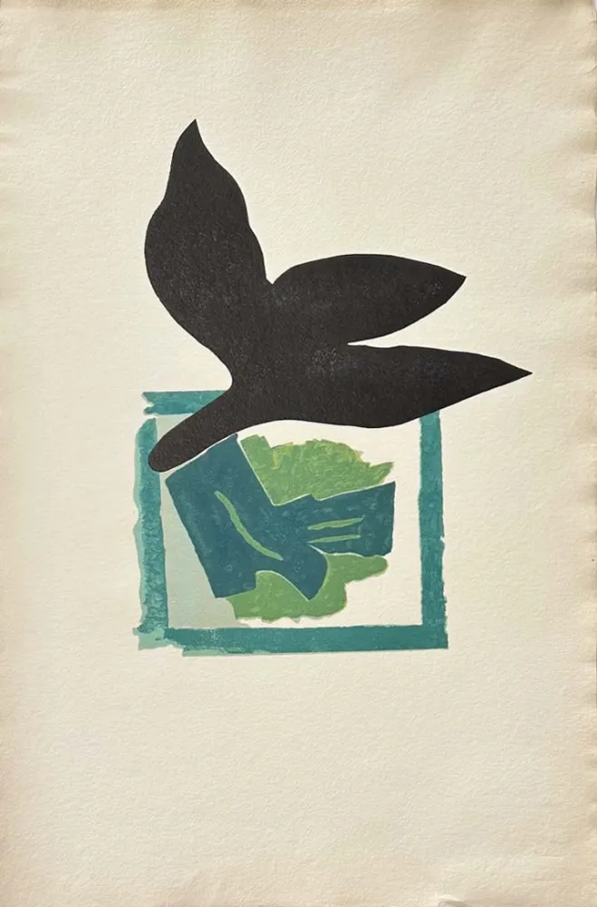 木刻 Braque - Oiseau noir sur fond vert