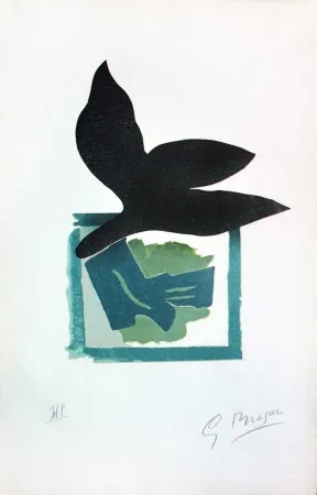 木刻 Braque - Oiseau noir sur fond vert