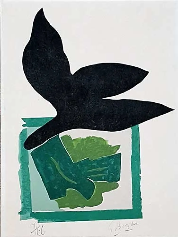 木刻 Braque - Oiseau noir sur fond vert