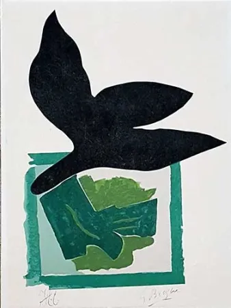木刻 Braque - Oiseau noir sur fond vert