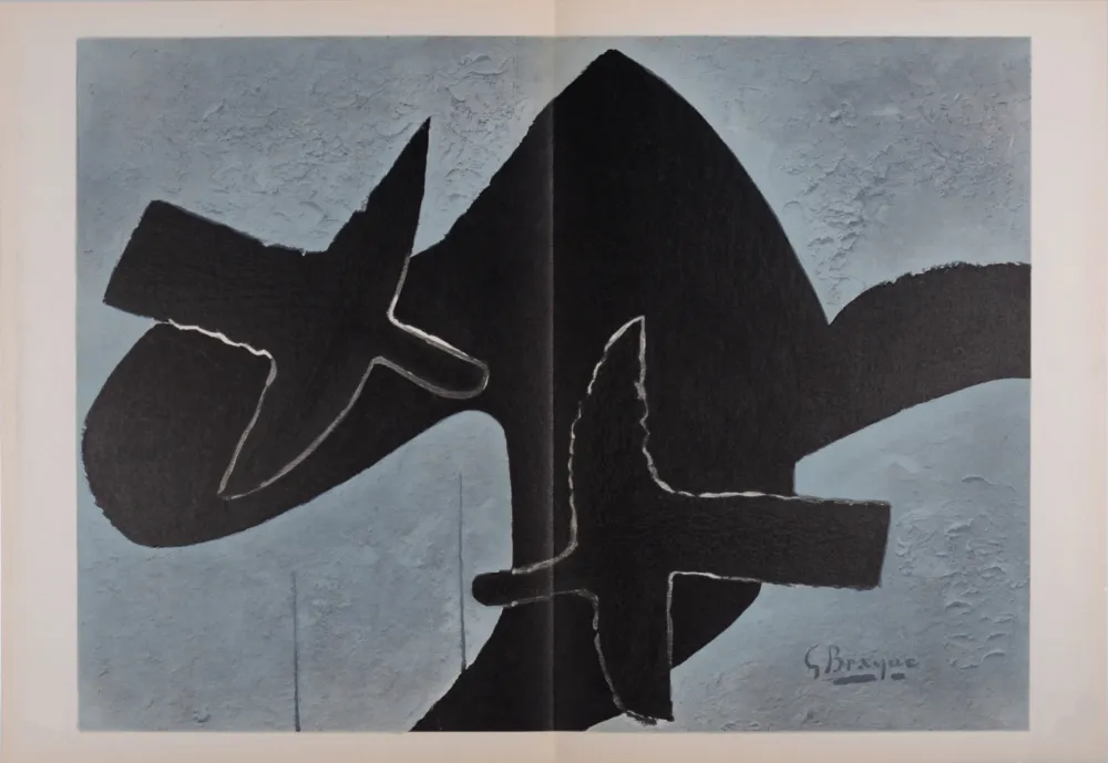 石版画 Braque - Oiseaux sur fond noir, 1958
