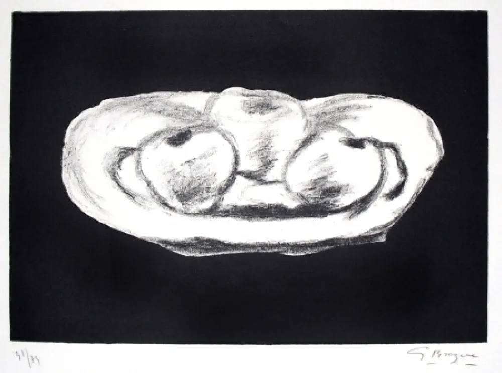 石版画 Braque - Pommes sur fond noir