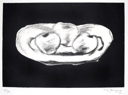 石版画 Braque - Pommes sur fond noir