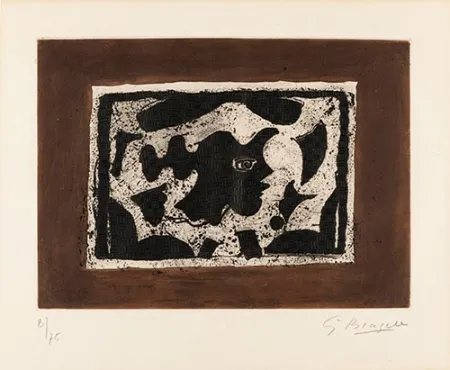 版画 Braque - Tête grecque sur fond brun