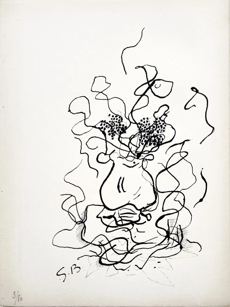 石版画 Braque - VASE ET FLEURS - Bouquet de fleurs (1952)