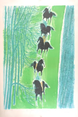 石版画 Brasilier - Cavalcade au Bord du Cher - Cavalcade on the side of the Cher