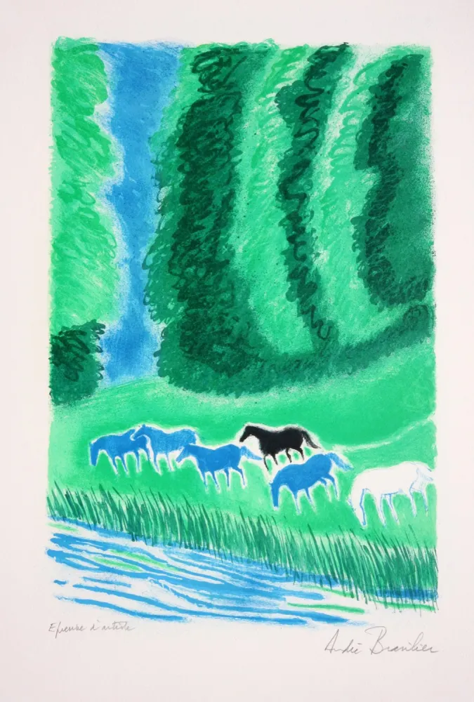 石版画 Brasilier - Chevaux au Bord de l'Eau